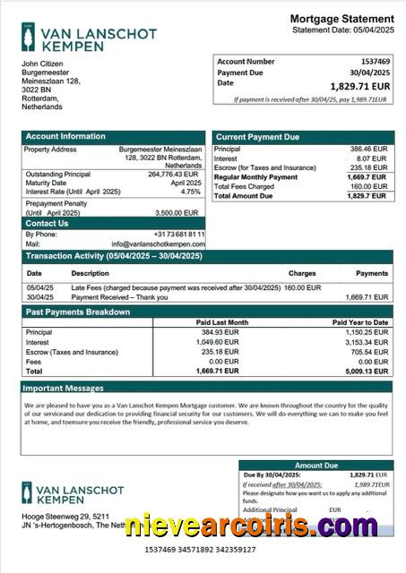 Netherlands Van Lanschot Kempen mortgage statement Word and PDF template